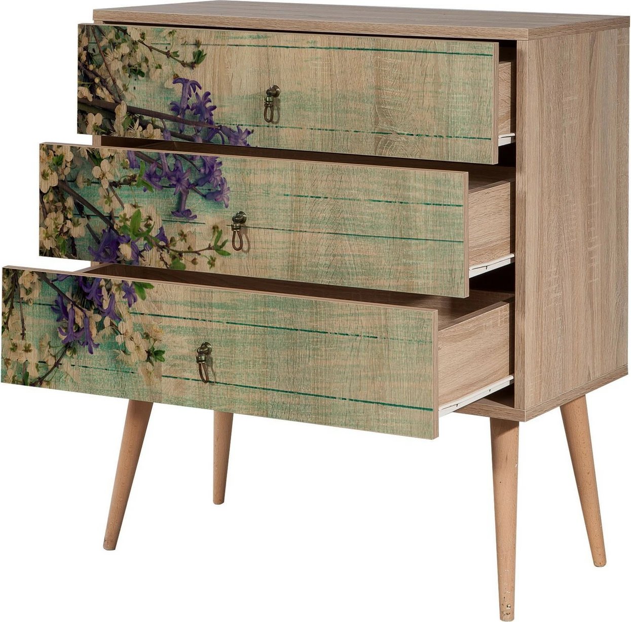 Komodë Hanah Home, Trio - 727, ngjyrë sonoma oak, dizajn me lule, 80x90x40 cm