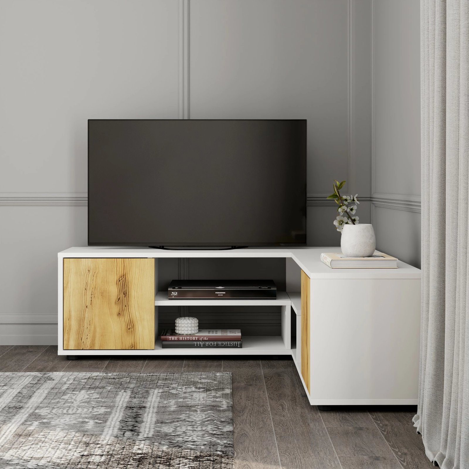 Komodë për TV Skye Decor, ngjyrë e bardhë dhe lis