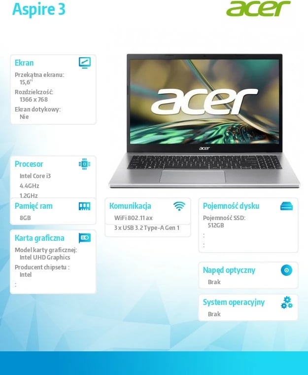 Laptop Acer Aspire 3 A315-59-35WU, Intel Core i3-1215U, 8 GB RAM, 512 GB SSD, 15.6", Argjendtë
