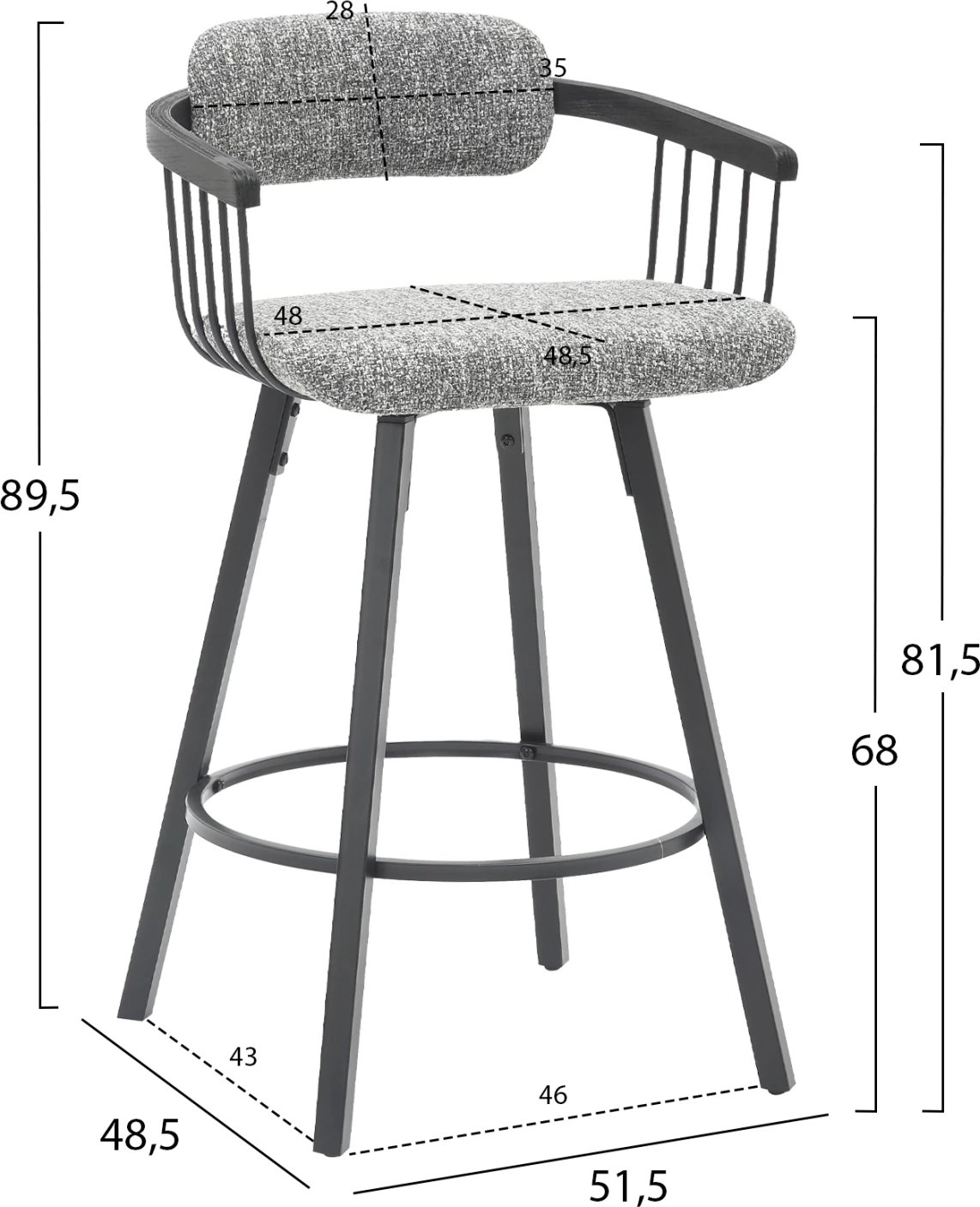 Karrige për bar rrotulluese LANG FH9990.02, kornizë metali e zezë, pëlhurë gri, 51.5x48.5x89.5H cm