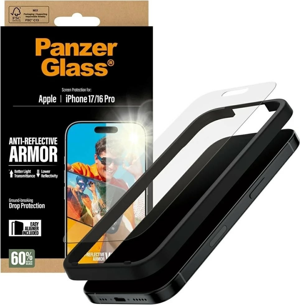 Xham mbrojtës PanzerGlass Armor Anti-Reflective EasyAligner për iPhone 16 Pro/17, transparent