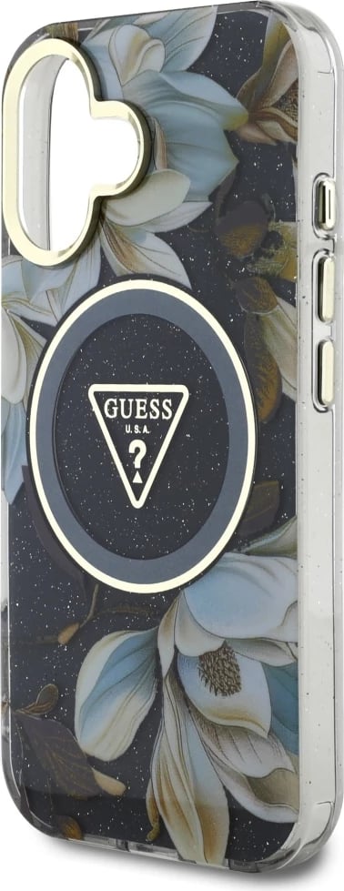 Mbështjellës Guess Glitter Flowers Triangle Buttons MagSafe për iPhone 16, i zi