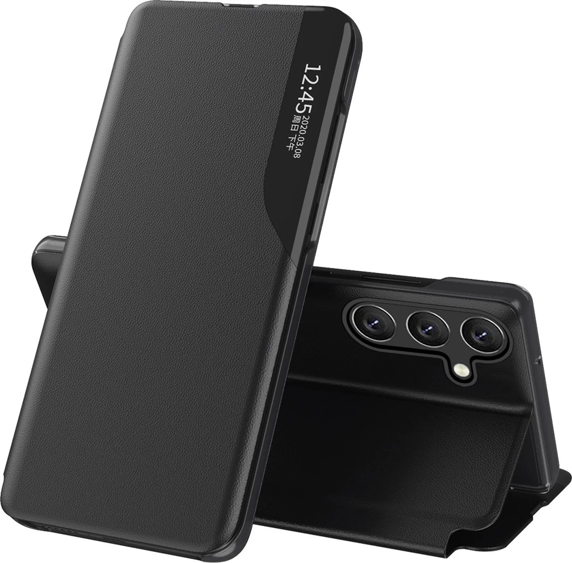 Mbështjellës Hurtel Eco Leather View Case për Samsung Galaxy S25+, e zezë