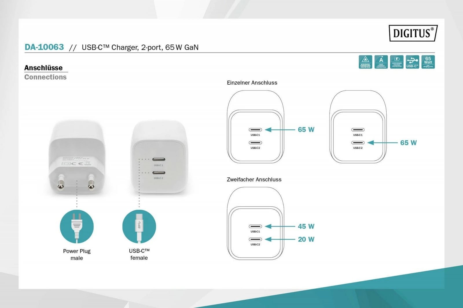 Karikues rrjeti Digitus DA-10063, 2x USB-C PD 3.0, 65W, Bardhë