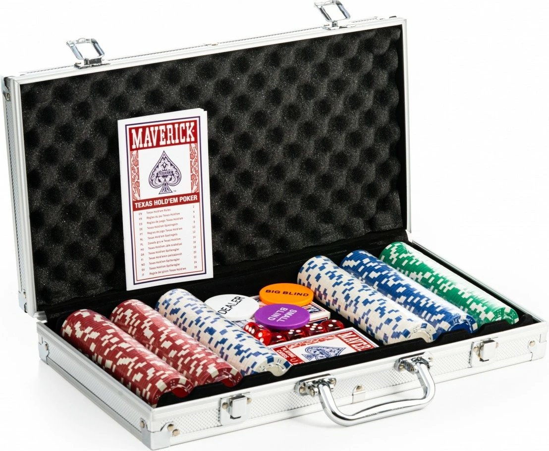 Set poker Cartamundi Maverick, 300 çipsa, 2 kuverta letrash, 5 zara, multingjyrësh, me kasë alumini