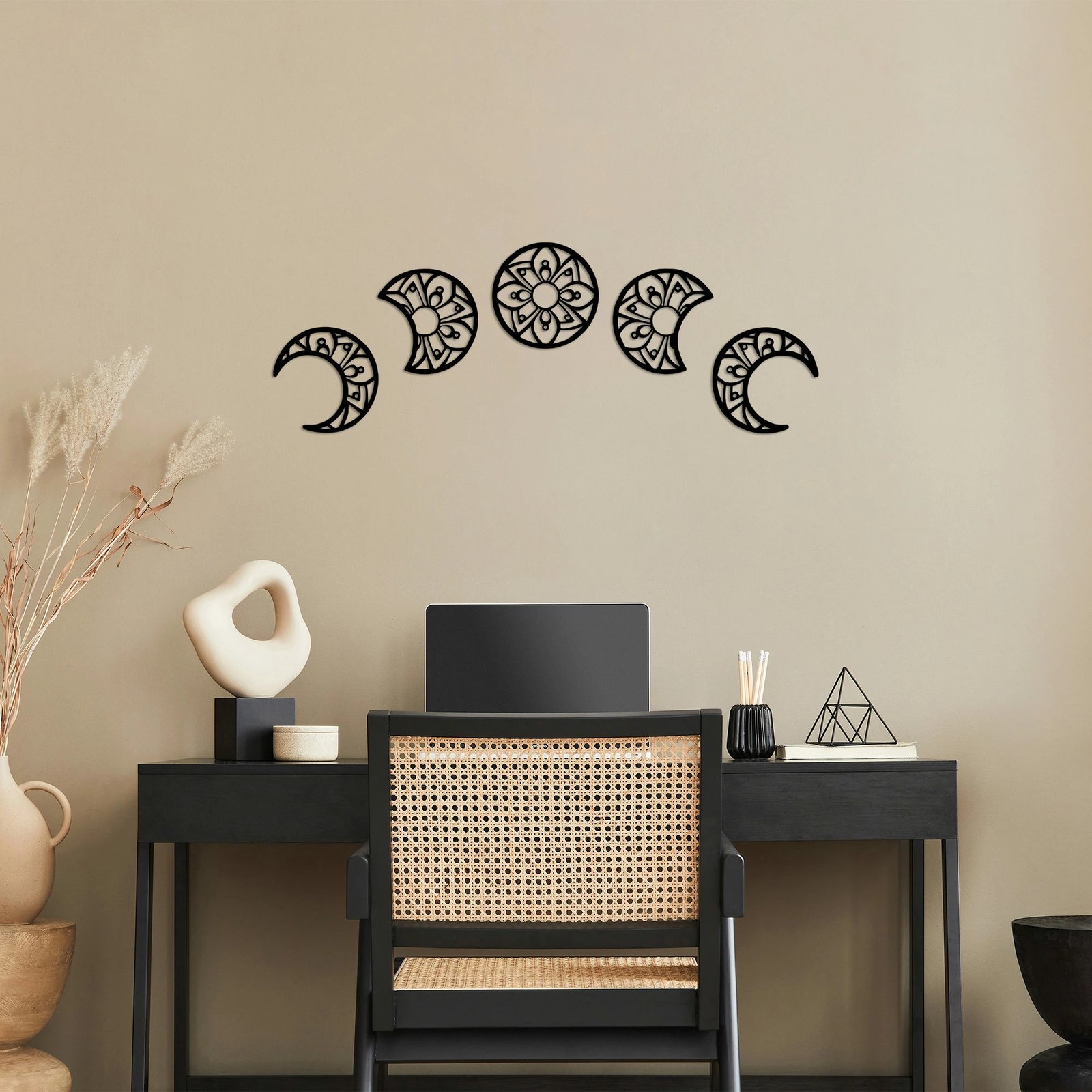 Aksesor dekorativ metalik për mur, Wallity, Lëvizjet e muajit, 3 copë, 13x13cm, e zezë