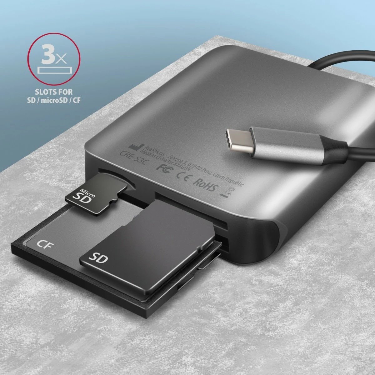 Lexues kartelash AXAGON CRE-S3C, USB-C, 3 slote, alumini, Gri