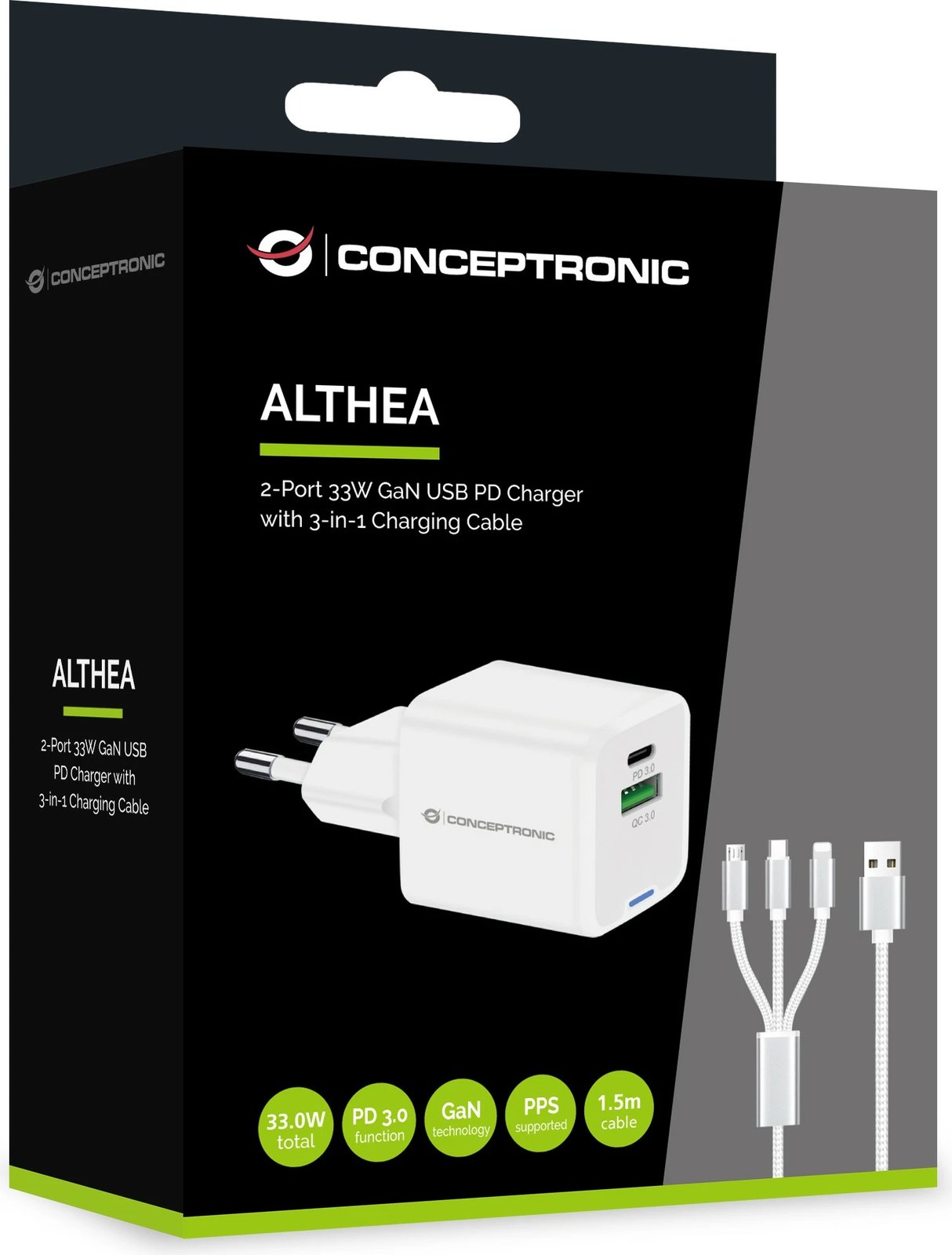 Karikues Conceptronic 2Port GaN 3-in-1 33WPD3.0/PPS i bardhë