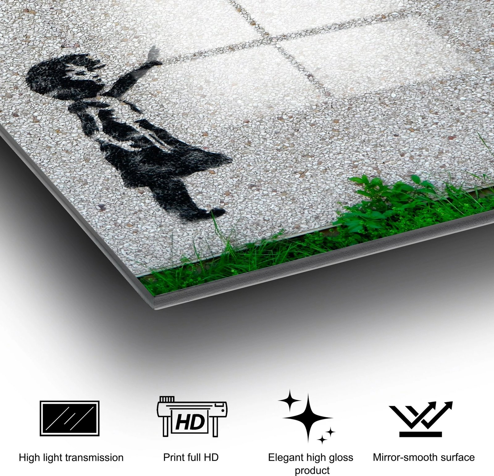 Pikturë dekorative prej xhami të temperuar, Banksy, shumëngjyrëshe, 30x45cm, UV-017