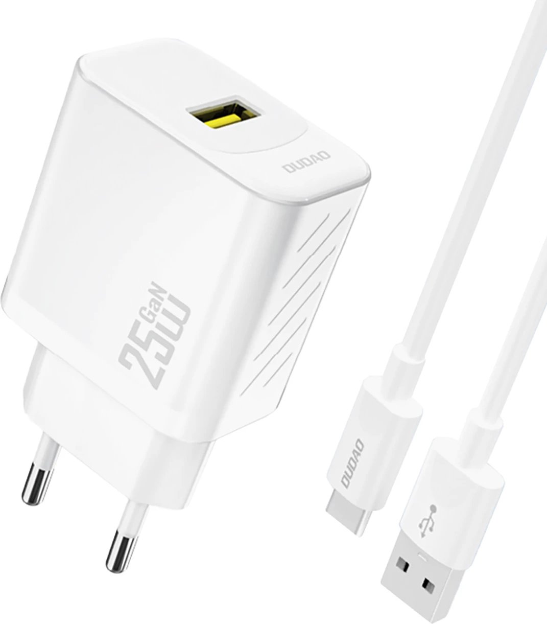 Karikues muri GaN, Dudao A27STEU, 25W USB-A PD, prizë EU, me kabllo USB-A–USB-C 1 m, bardhë