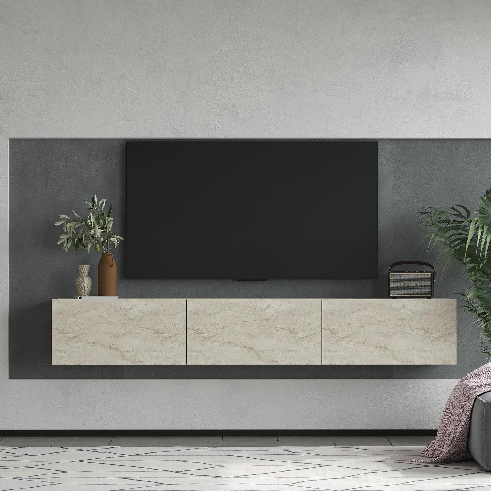 Komodë TV Skye Decor, ngjyrë travertin, Alfa