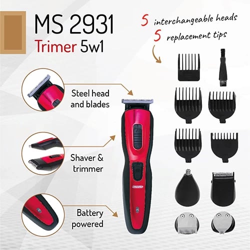 Trimmer 5 në 1, Adler, MS 2931, 5 koka ndërruese, teh/kreherë çeliku, pa kabllo, 48W, me bazë-karikues, e kuqe/zezë, set