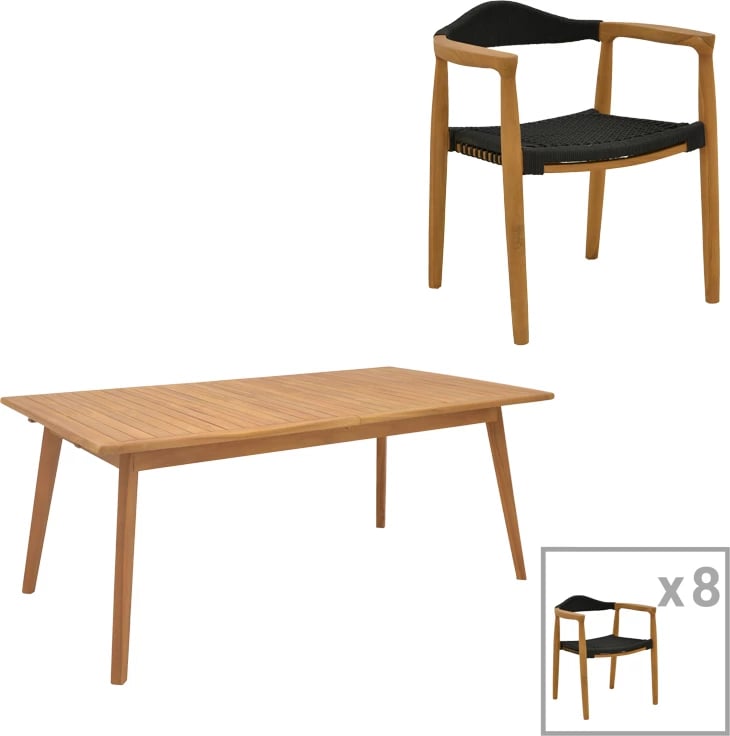 Tavolinë me karrige 9 copë Ganny-Pino dru teak ngjyrë natyrale - e zezë 180/240x100x75cm