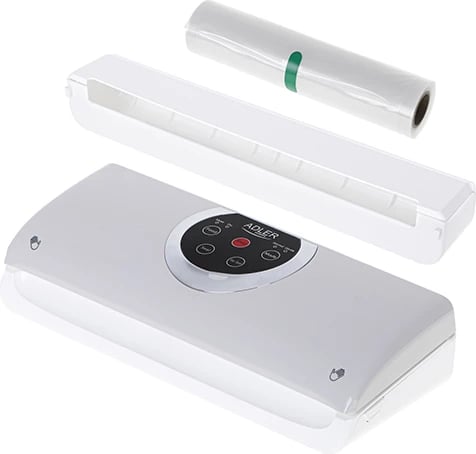 Mbyllës vakumi, Adler, AD 4503, 130W, vakum -0.75–-0.80 bar, prerje folie dhe thithje për enë, gri-bardhë, me rrotull folie 20cm x 3m