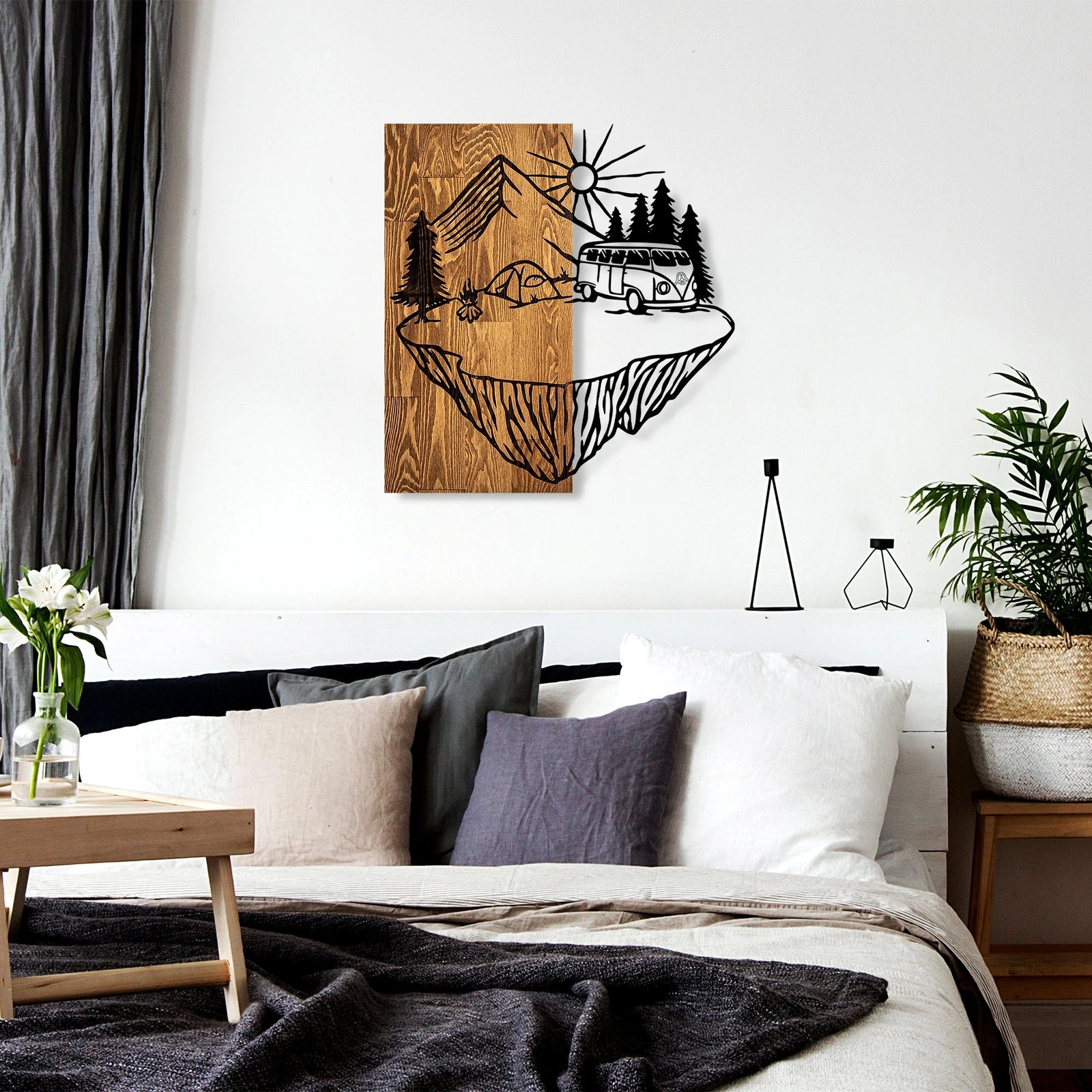 Aksesor dekorativ për mur, dru natyral, Wallity, Camp Life, ngjyrë arre dhe e zezë, 54x57cm