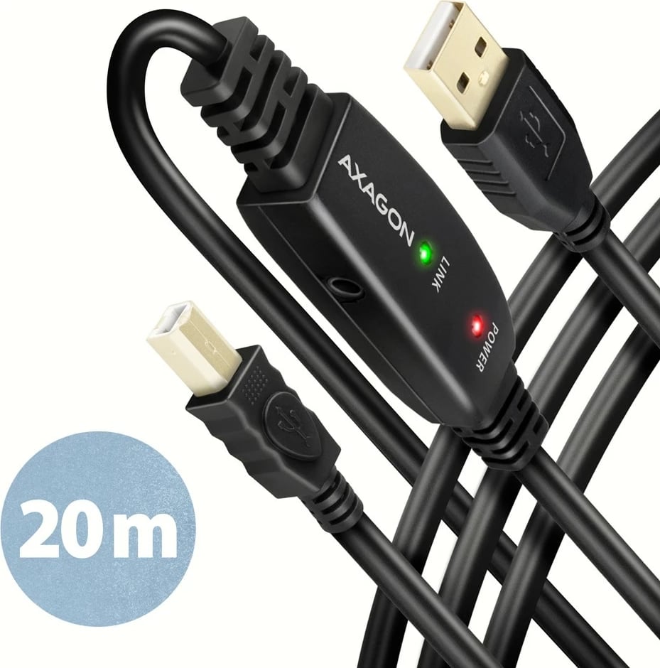 Kabllo aktiv USB 2.0 AXAGON ADR-220B, 20m, për printer, e zezë