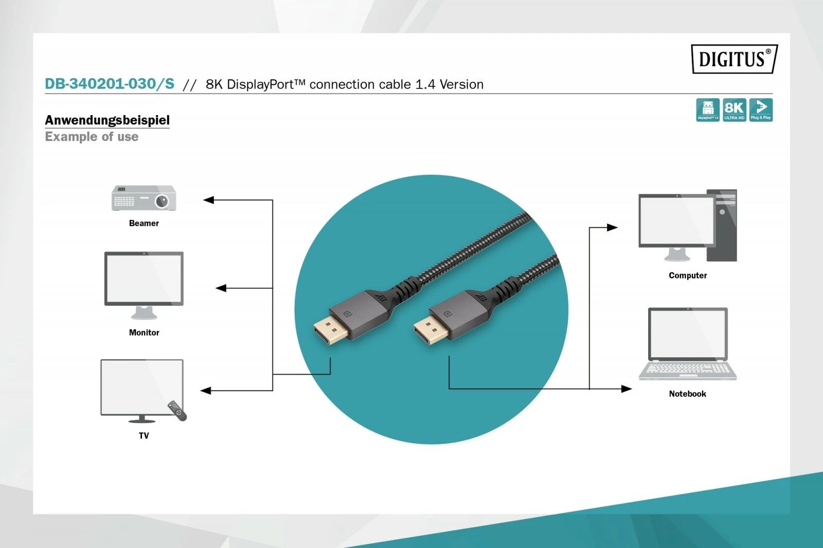 Kabllo DisplayPort Digitus DB-340201-030-S, 3m, 8K60Hz, e zezë