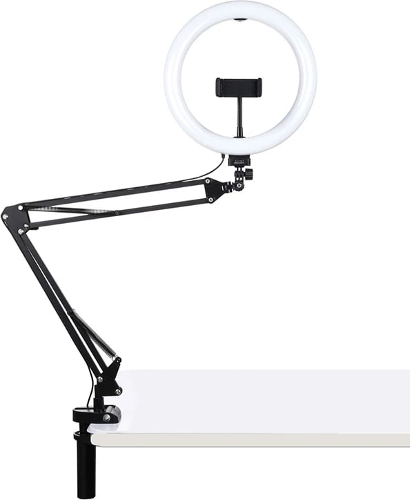 Ring light Puluz PKT3090B me stativ tavoline dhe kapëse telefoni, 26cm, LED, e bardhë