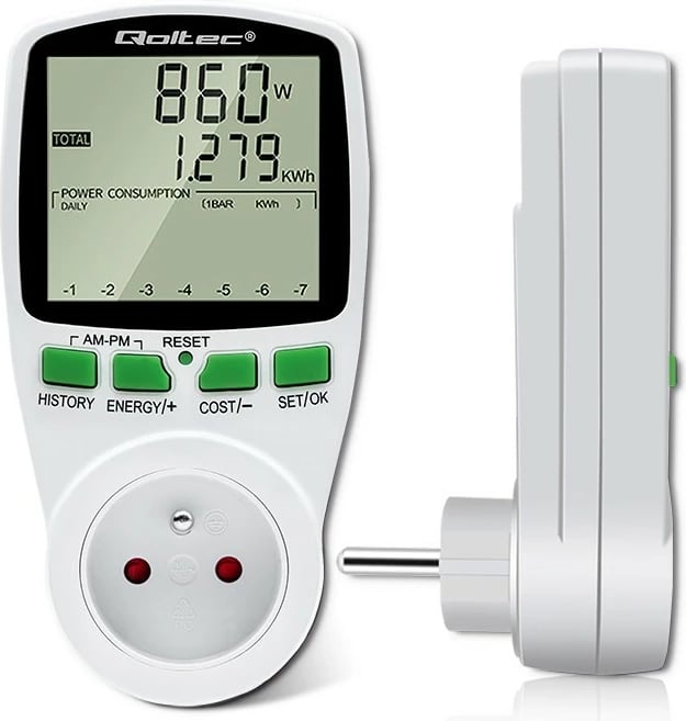 Matës i konsumit të energjisë Qoltec PM0627, 3680W, 16A, LCD, Bardhë