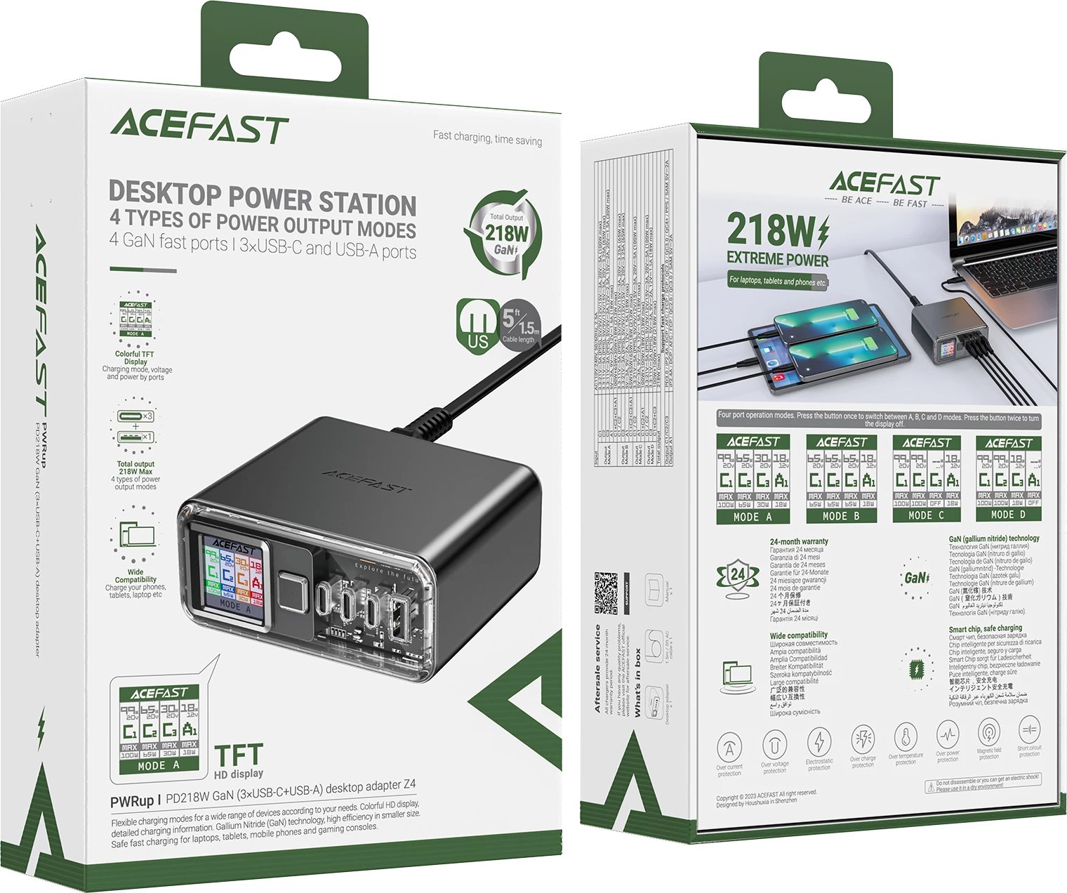 Adapter multifunksional Acefast Z4, 218W, 3x USB-C + 1x USB-A, ekran TFT, Gri