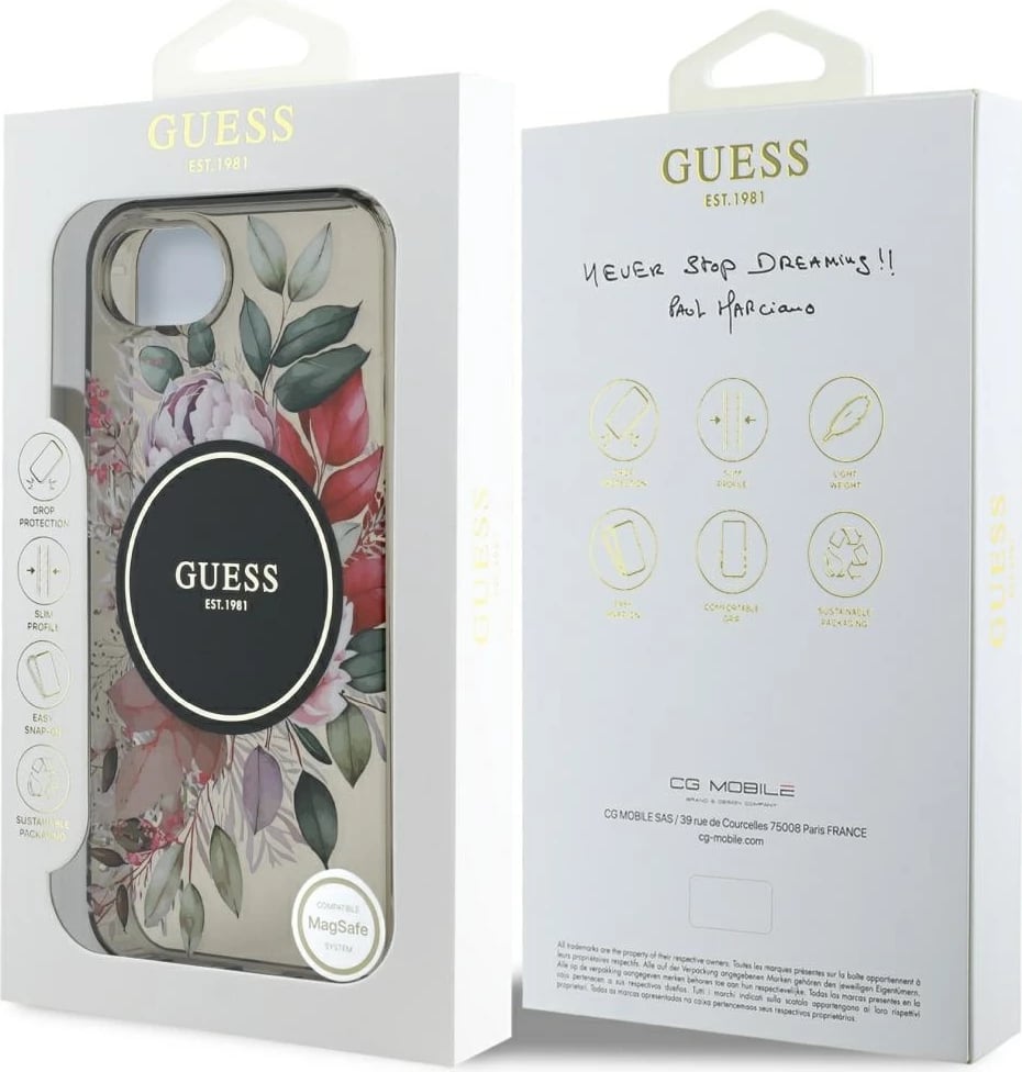 Mbështjellës Guess IML Flowers MagSafe për iPhone 16e, i zi Mbështjellës Guess IML Flowers MagSafe për iPhone 16e, i zi