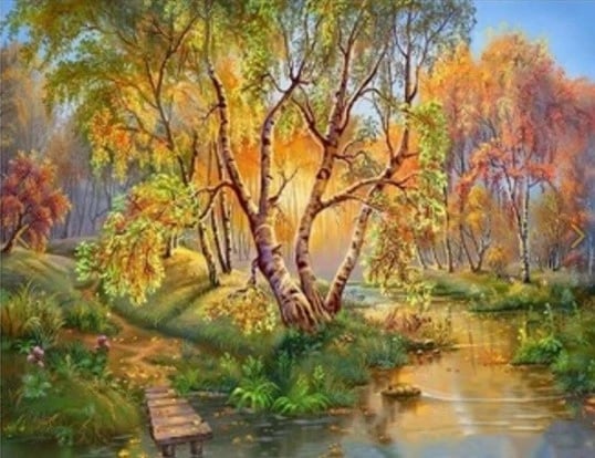 Mozaik diamant Norimpex Birches by the Stream, 30x40cm, shumëngjyrësh, set DIY