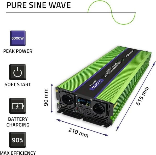 Konvertues voltazhi Qoltec Monolith 51945, 12V në 230V, 3000W/6000W, valë e pastër, LCD, Gjelbër