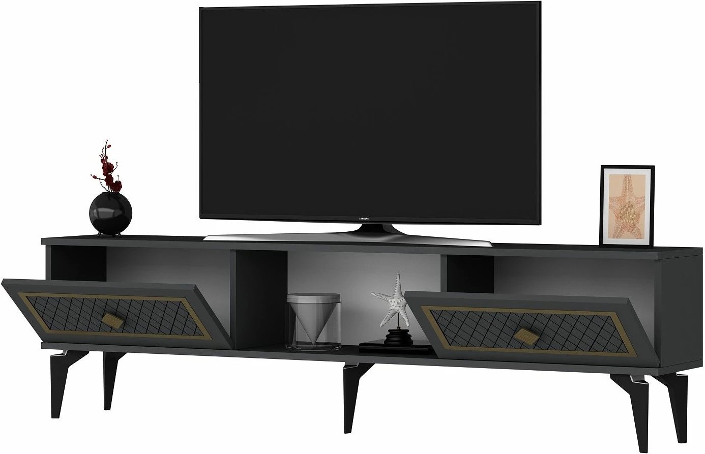 Komodë TV Skye Decor, ngjyrë antracit, detaje ari