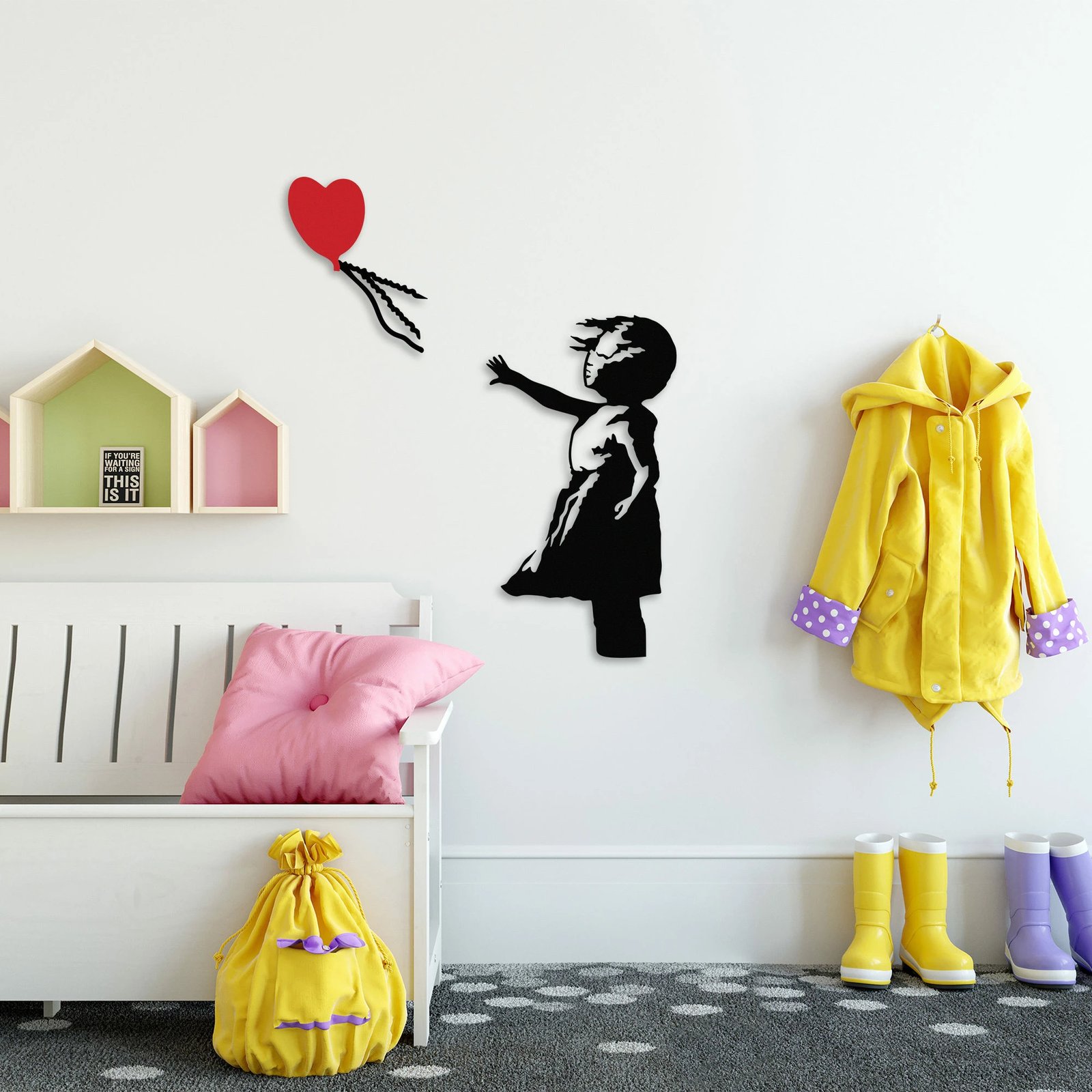 Aksesor dekorativ metalik për mur, Banksy - 13, ngjyrë e zezë dhe e kuqe