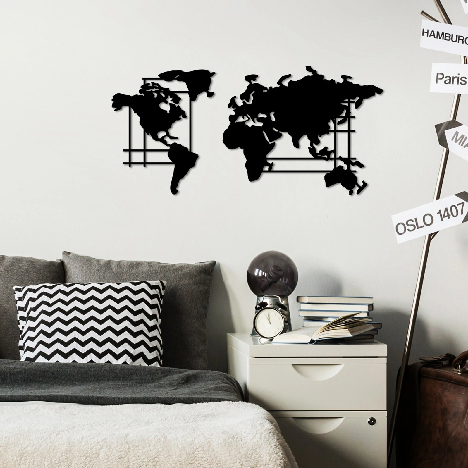 Aksesor dekorativ metalik për mur, hartë bote, Wallity, ngjyrë e zezë, madhësia M