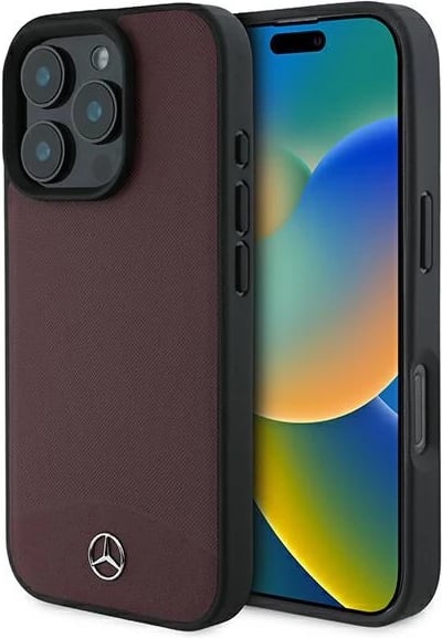 Mbështjellës Mercedes për iPhone 16 Pro Max, lëkurë teksturë & plain, MagSafe, kuq