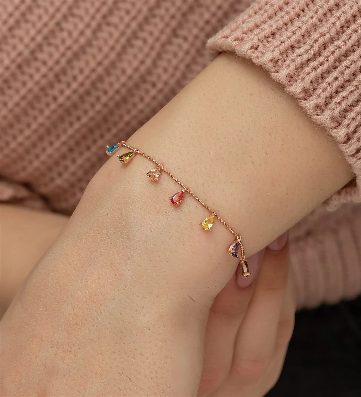 Byzylyk argjendi Jumeon, NRZ1052, ngjyrë rozë e artë, gurë zirkon shumëngjyrësh