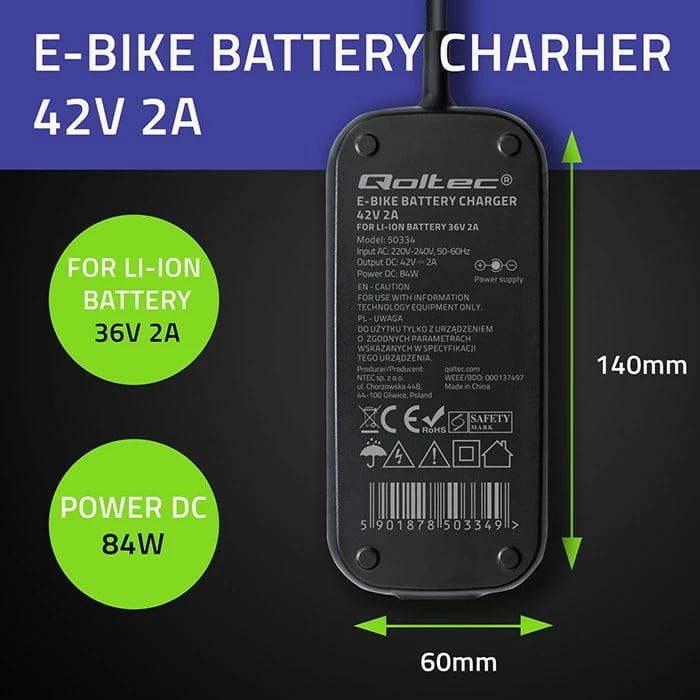 Karikues biçiklete elektrike Qoltec 50334, 42V 2A, për bateri 36V, i zi
