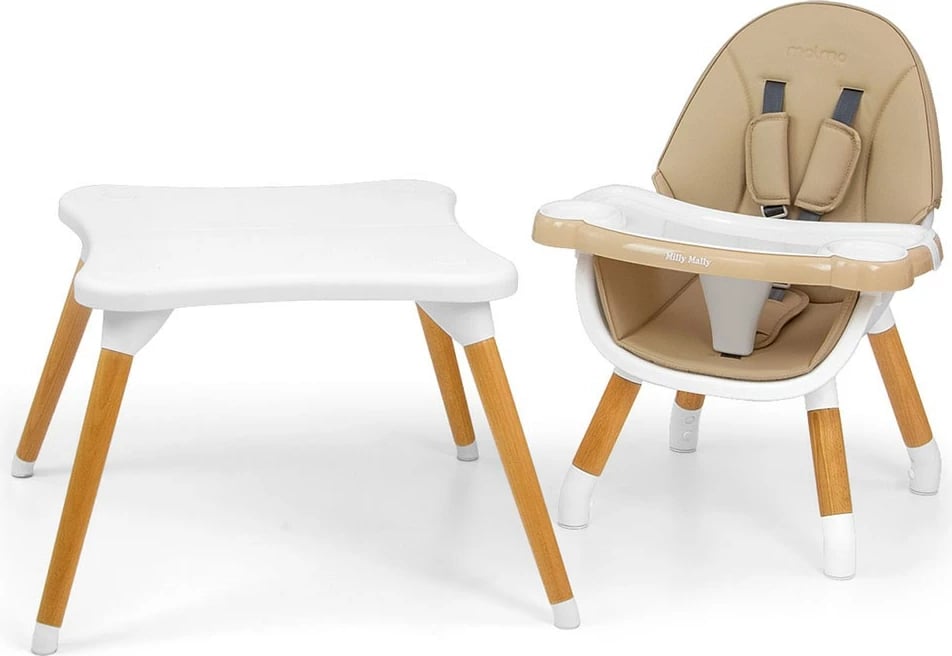 Karrige e lartë 2-në-1 për fëmijë, Milly Mally Malmo, dru fagu, tabaka e heqshme, rrip sigurie 5-pikësh, eko-lëkurë, deri 6 vjet, bezhë, set karrige e ulët + tavolinë
