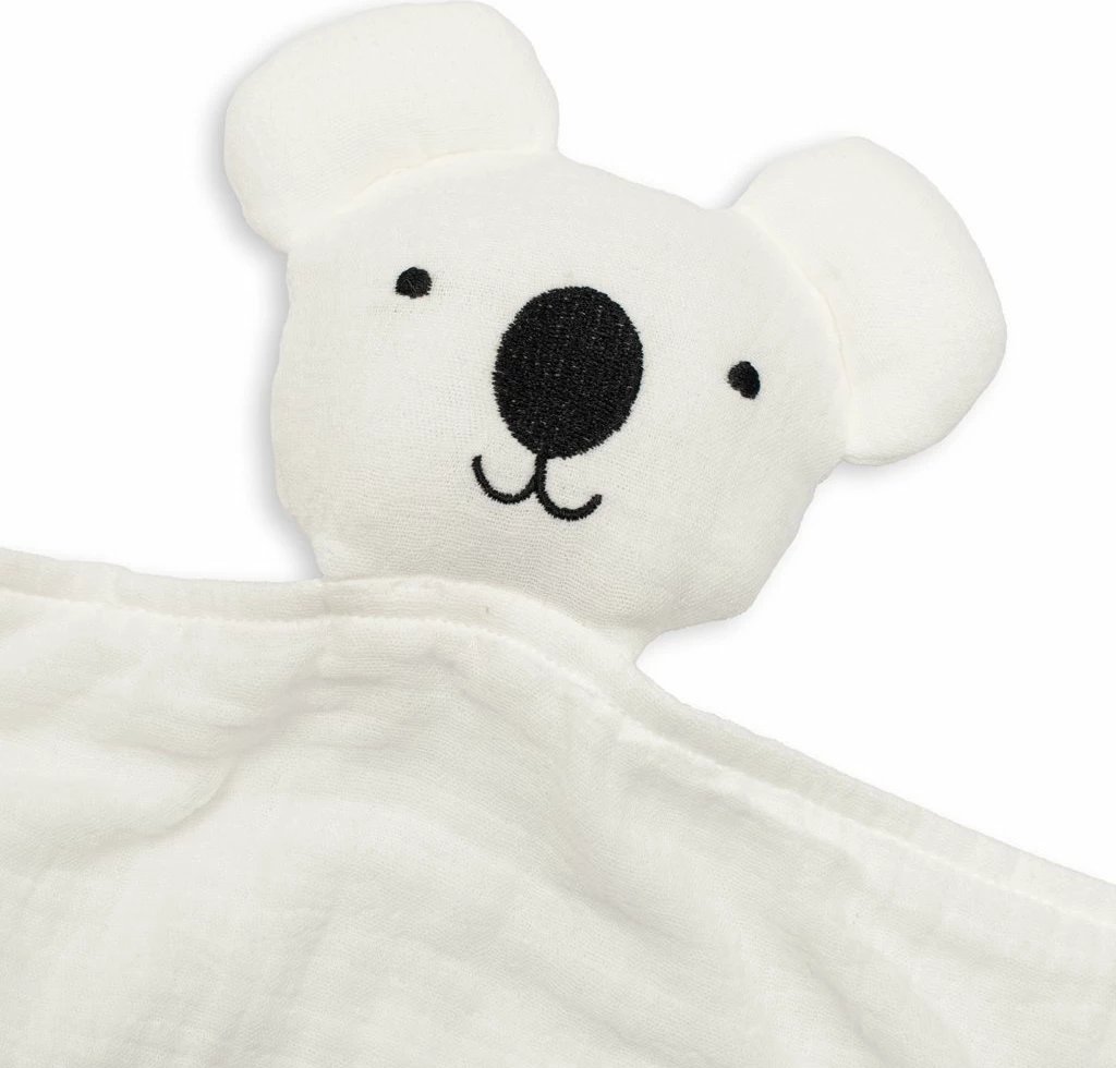 Lodër pelushi muslini, New Baby, Koala, 30x30 cm, pambuk organik, e bardhë