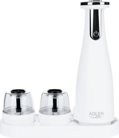 Mulli elektrik për kripë e piper, Adler AD 4449, 3 bluarsë të këmbyeshme, rregullim imtësie, 150 ml, bateri 1500mAh, USB‑C, e bardhë mat, set
