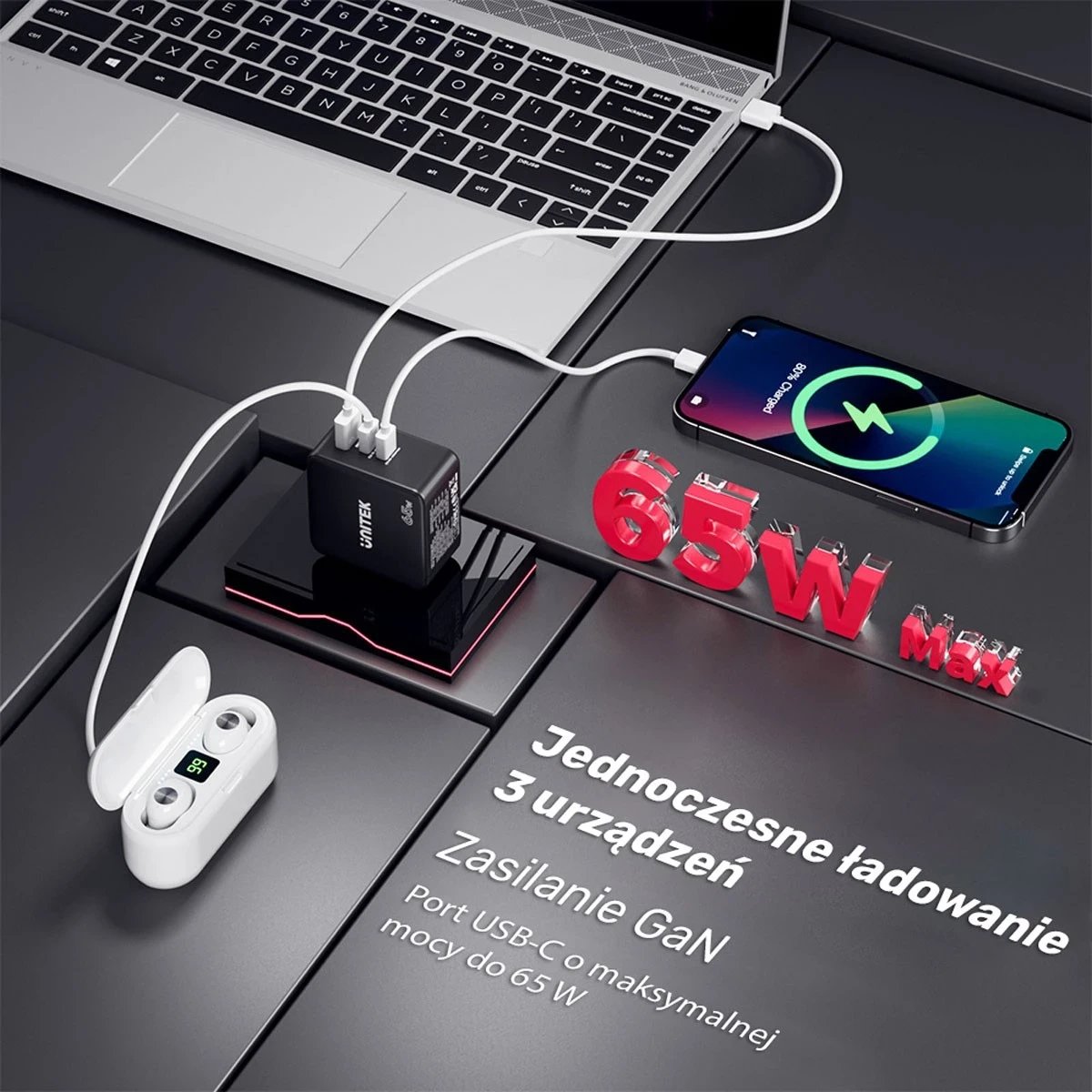 Karikues udhëtimi, Unitek GaN, PD 65W, me 3 porta, i zi Karikues udhëtimi, Unitek GaN, PD 65W, me 3 porta, i zi