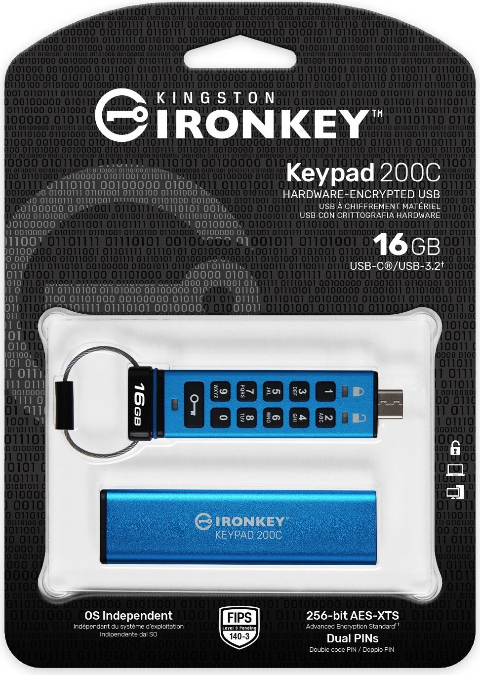 USB stick Kingston IronKey Keypad 200C 16GB USB-C blu