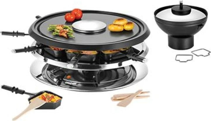 Grill raclette/fondue UNOLD Raclette Multi 4-in-1 48726, 8 persona, pllakë guri + pllakë grill, tenxhere fondue 500–700 ml, e zezë