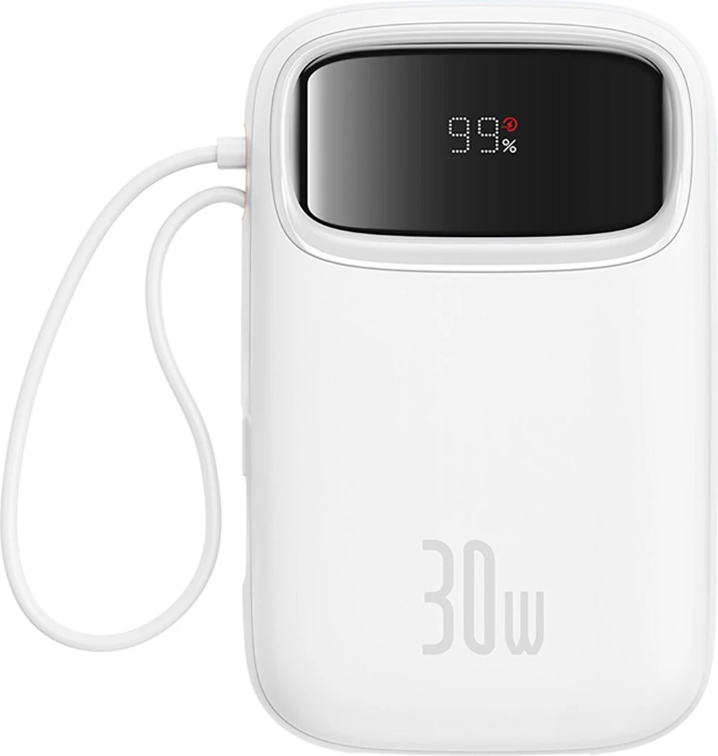 Power bank Baseus QPow 2, 10000mAh, 30W, me kabllo USB-C të integruar, Bardhë