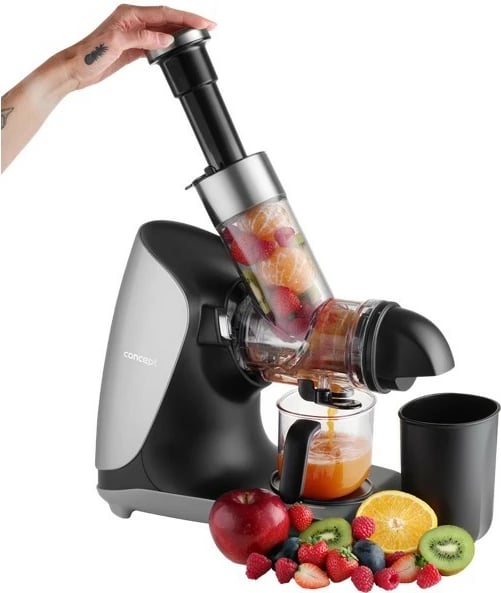 Shtrydhëse e ngadaltë frutash-perimesh, Concept Nutriboost LO7250, 200 W, 0.6 L, vidë çeliku inox, gryka 76 mm, 65 dB, e zezë/krom