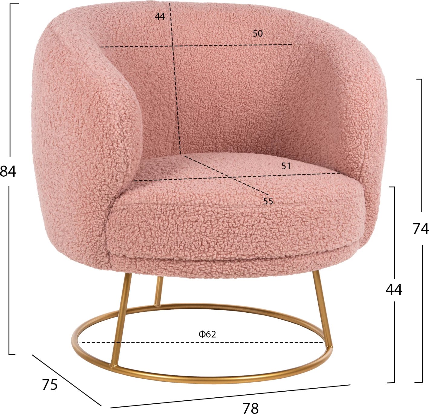 Karrige ARIEN FH8403.22, stof boucle, ngjyrë rozë e zbehtë, bazë metalike ari, 78x75x84H cm