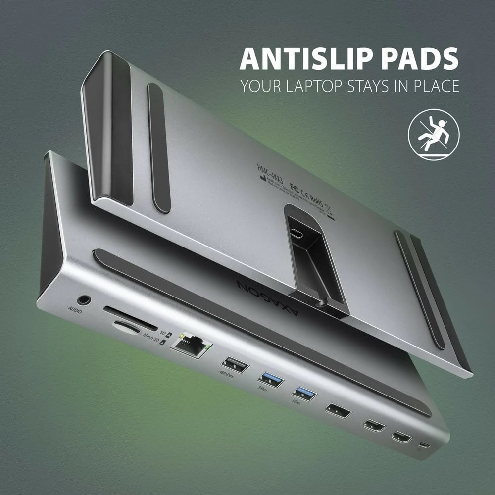 Kasë AXAGON HMC-4KX3 multiport USB 11-në-1, 5Gbps, 3x USB-A, 2x HDMI 4K/60Hz + DP 4K/60Hz + GLAN + SD/microSD + audio, 100W PD, kabllo USB-C 40cm, Gri