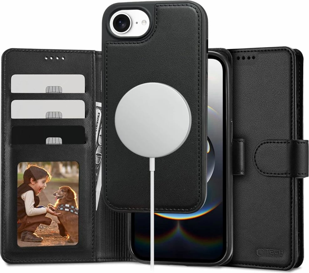 Mbështjellës Tech-Protect Wallet MagSafe për iPhone 16e, i zi, me vend për kartela