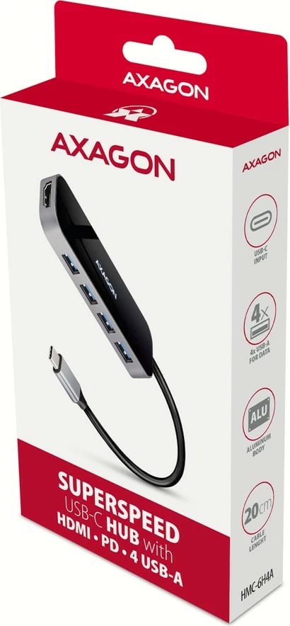 Hub multiport AXAGON HMC-6H4A, 4x USB-A, HDMI, USB-C 3.2 Gen 1, PD 100W, 20cm, zi