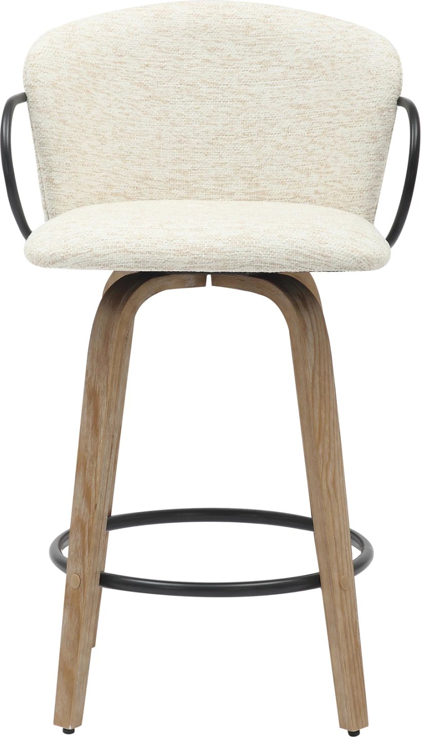 Karrige për bar, lartësi mesatare, NEBOR, FH9986.01, këmbë dru, metal i zi, pëlhurë ecru, 53.5x51x90 cm, set prej 2 copë