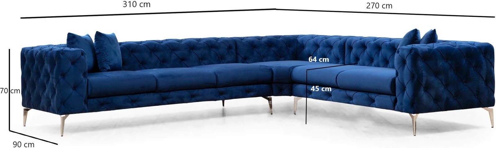 Këndare Como, ngjyrë blu navy, 6 jastëkë, këmbë metali, 310x270x70cm