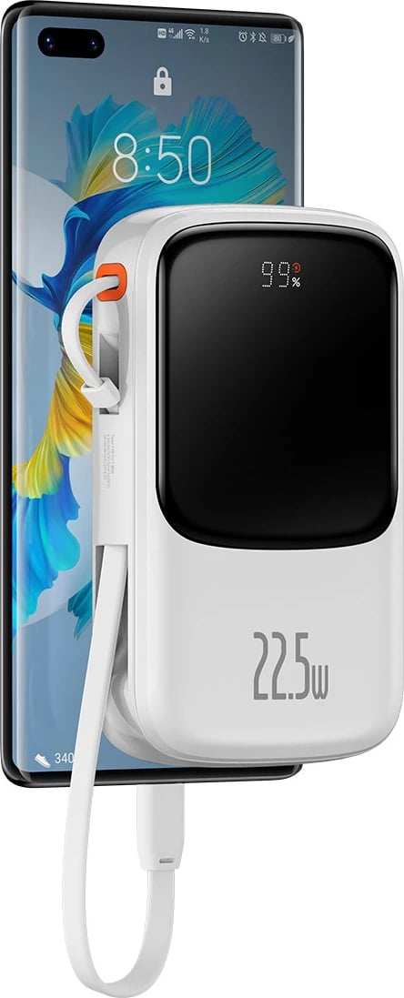 Powerbank Baseus Qpow 10000mAh me kabllo USB Type-C të integruar, 22.5W, Bardhë