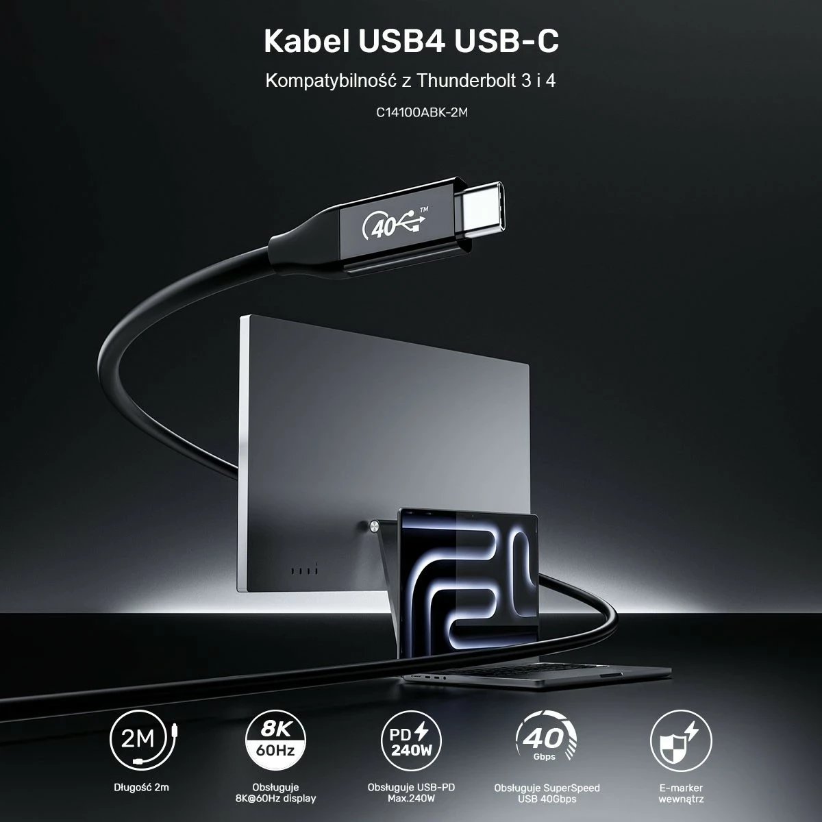 Kabëll USB-C Unitek 4.0, 100W, 40Gbps, 8K, 2m, zi