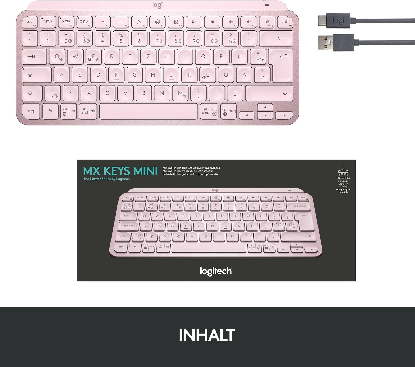 Tastierë wireless Logitech MX Keys Mini, me ndriçim, rozë